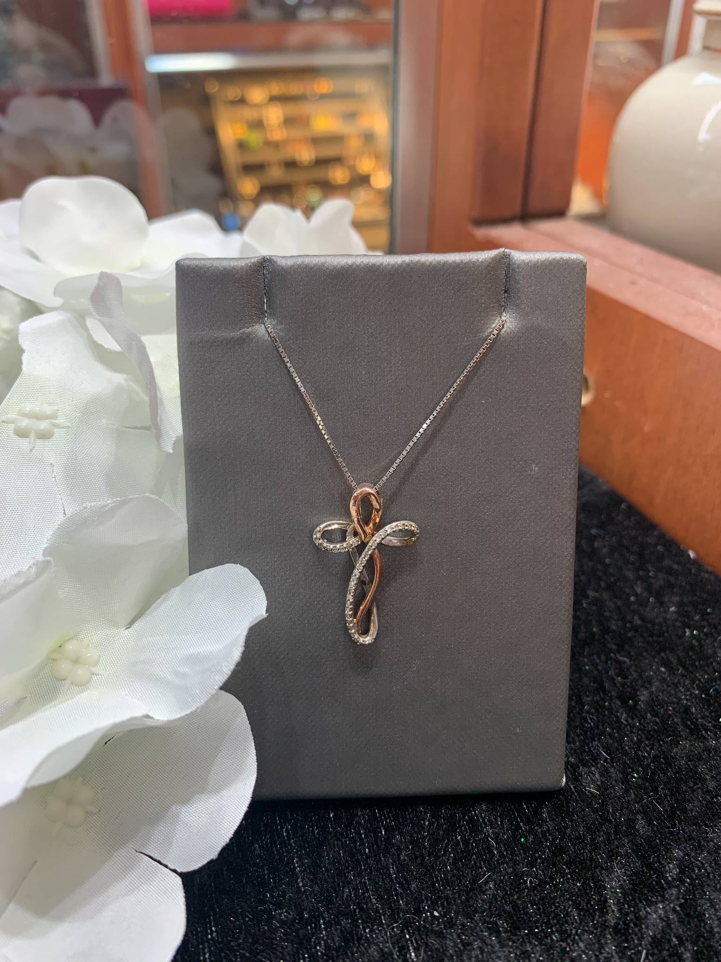 Rose and White Gold Diamond Cross Pendant and Necklace