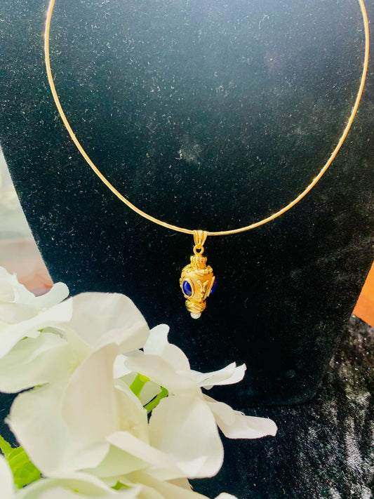 Yellow Gold Synthetic Sapphire & Pearl Necklace